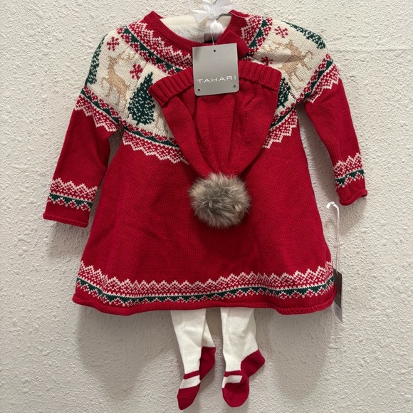 Tahari Baby Girl Red Holiday Christmas Dress and Hat Knit Dress NWT 3-6 Months - Picture 1 of 6